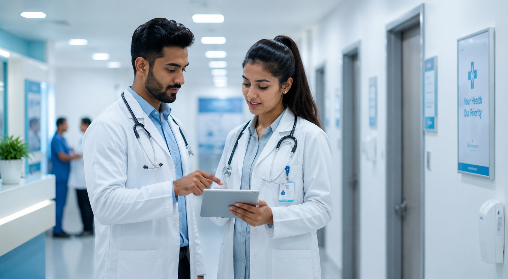 Doctors in hospital corridor